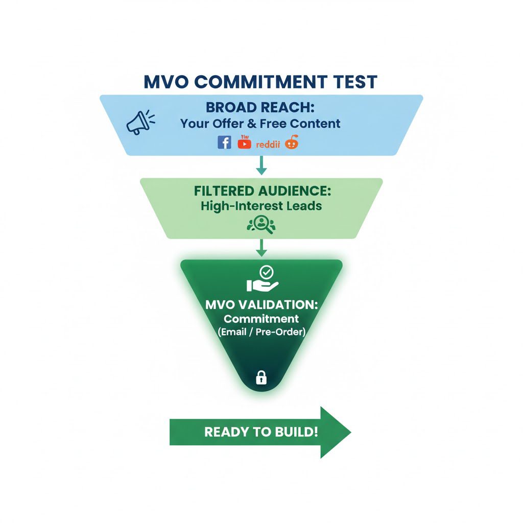 Funnel diagram illustrating the MVO (Minimum Viable Offer) commitment test, showing broad reach narrowing down to high-interest leads and culminating in MVO validation process through email or pre-orders, signaling readiness to build.