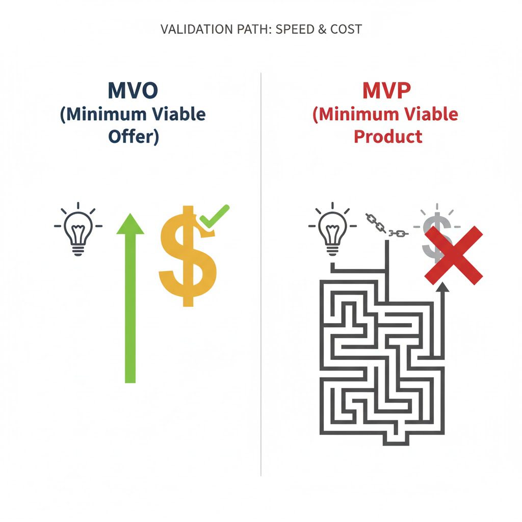 Diagram comparing MVO validation Process as a direct, fast path to market validation, versus MVP (Minimum Viable Product) which shows
