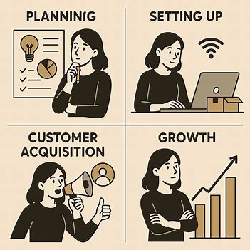 four stages of building a business: planning, setup, customer acquisition, and growth by using Solo zero budget business technique