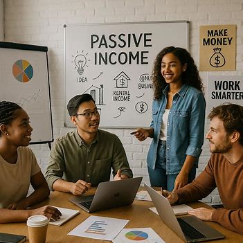 people discussing passive income side gig strategies in a modern office, with a whiteboard showing ideas like rental income, online business, and stocks.