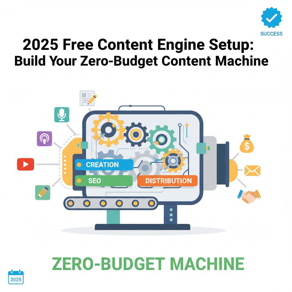 Conceptual diagram illustrating a free content engine with gears turning and inputs labeled as "Ideas" and "Content" and the output labeled "Passive Leads.