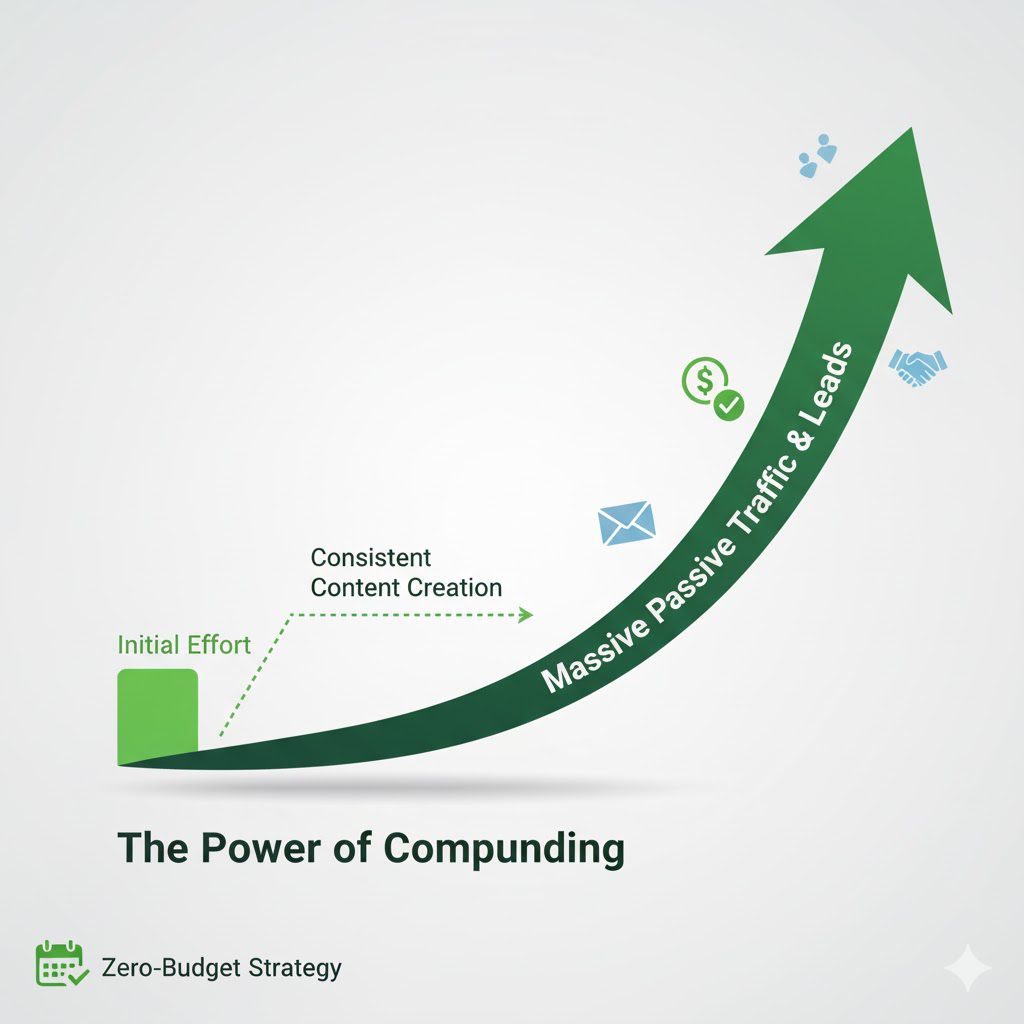 Graph illustrating compounding effort for content creation, showing low initial results followed by a steep, high curve representing massive passive traffic growth.