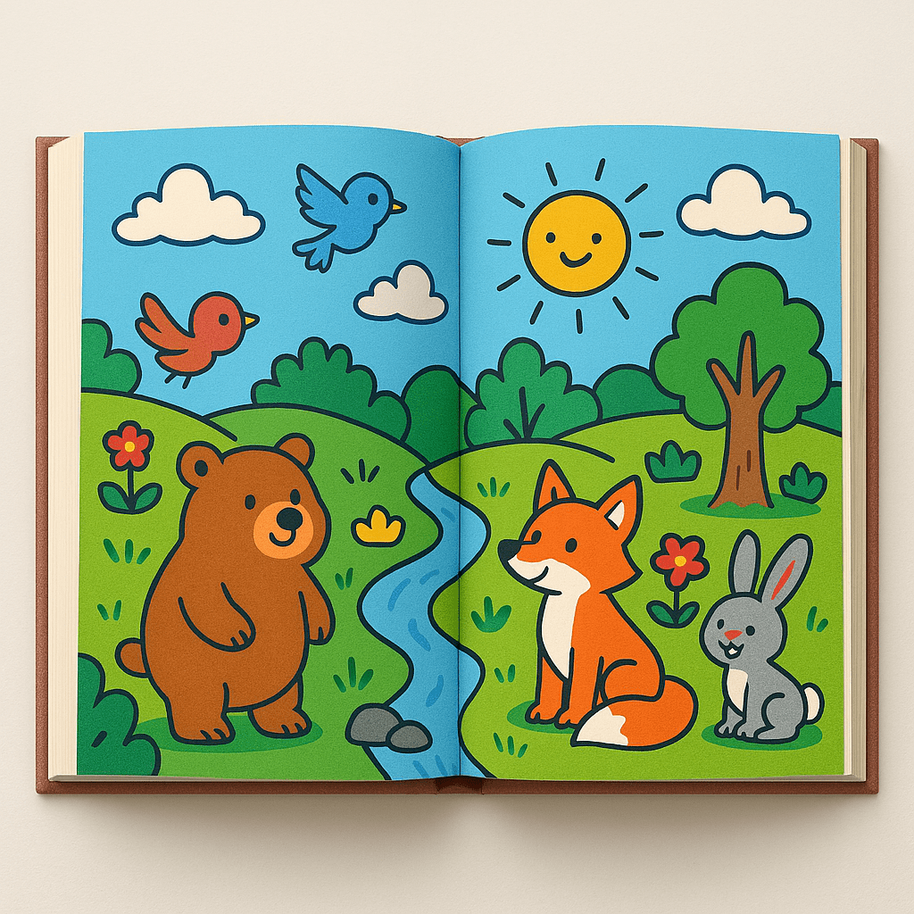 Open colorful storybook representing original kids stories published online for passive income