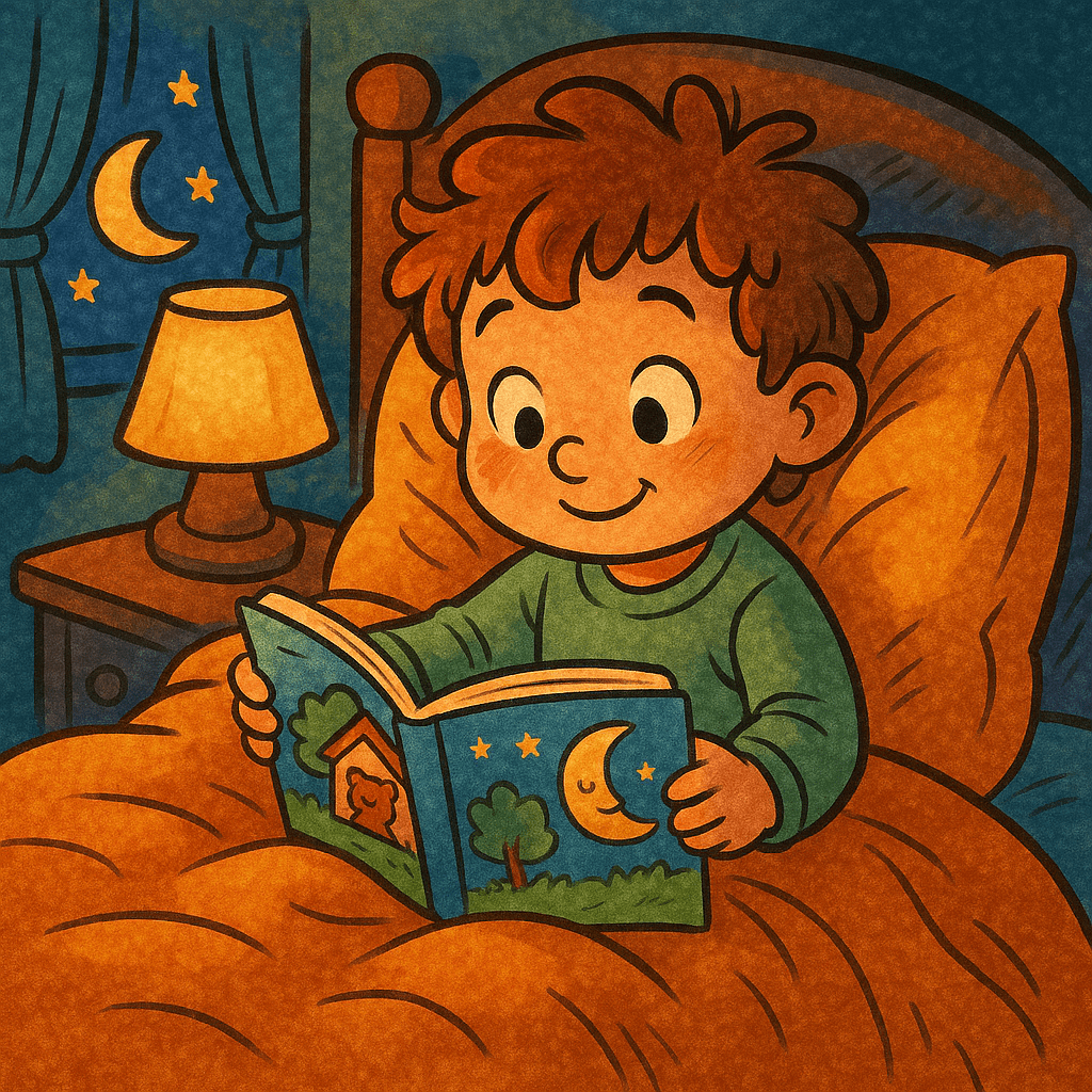 Child reading colorful storybook at bedtime representing the audience for zero budget kids stories online