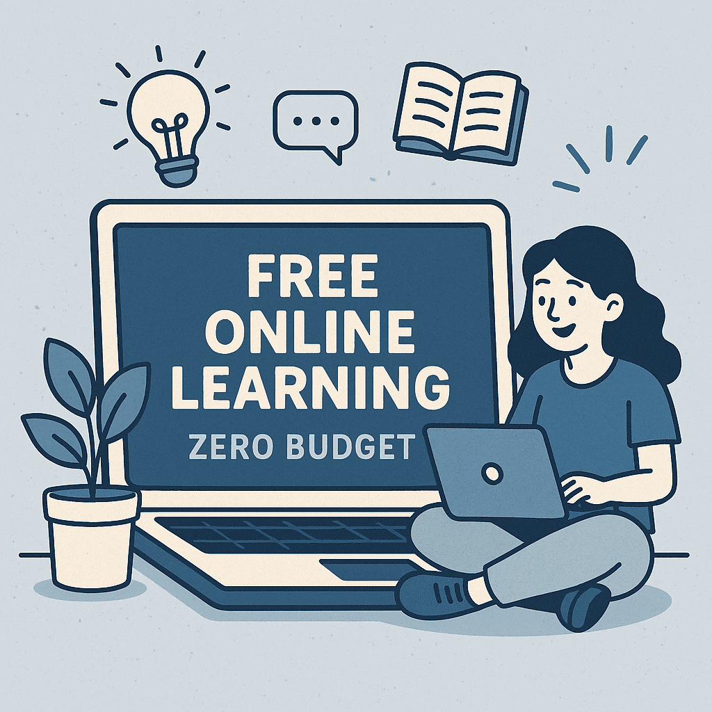 Minimalist illustration of laptop with glowing course screen in purple and blue tones representing free online learning