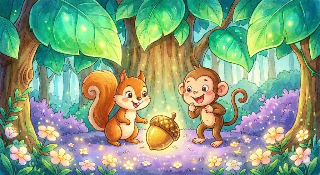 Sammy and Milo finding a golden acorn.