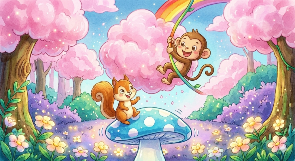 Milo Monkey swinging into pink cotton candy clouds.