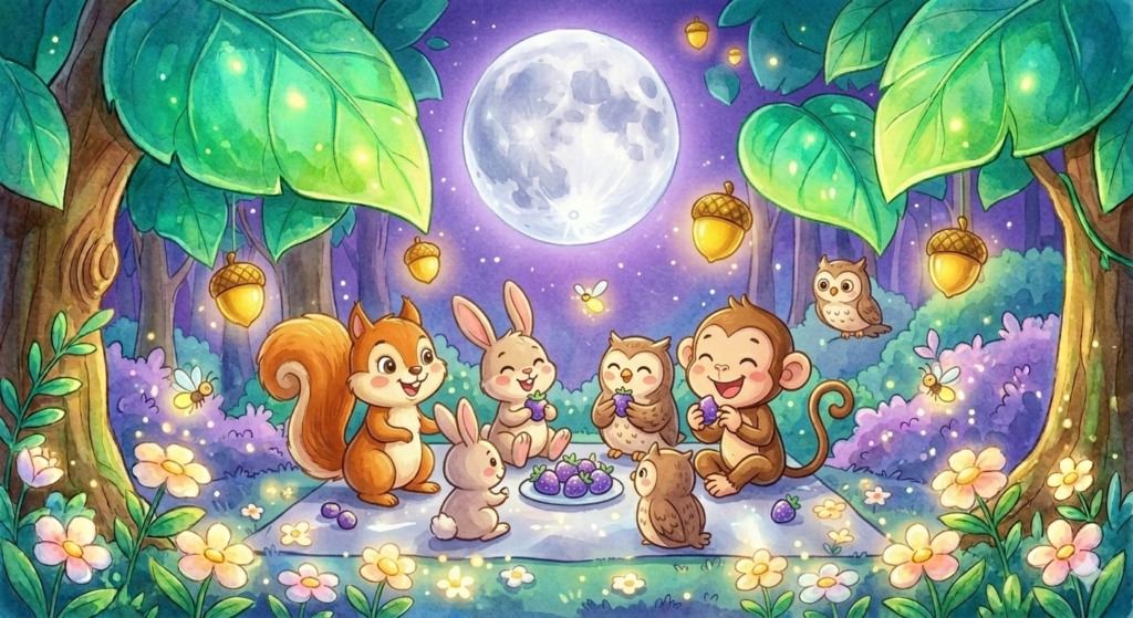 A moonlight picnic under a giant silver moon.