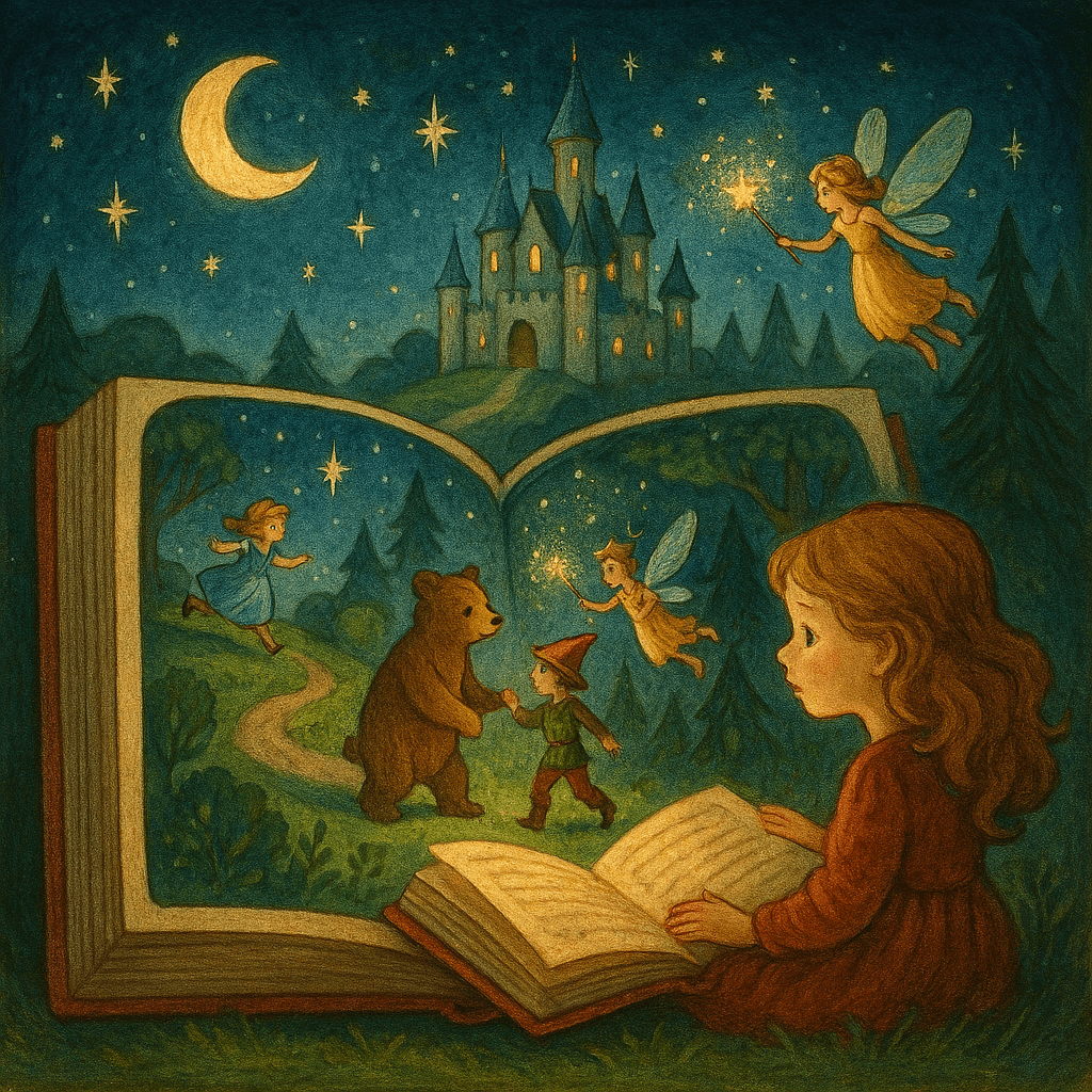 Colorful illustration of magical open storybook with stars and butterflies in soft pastel colors for kids stories